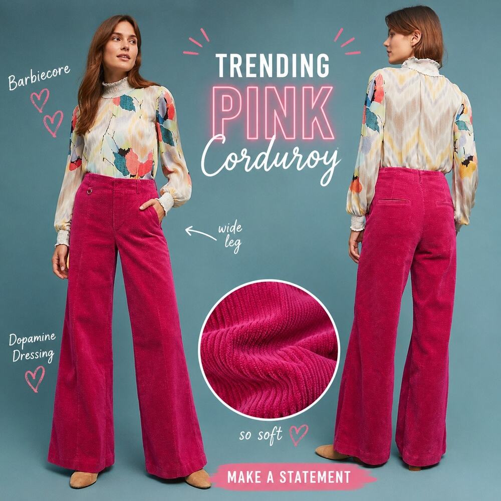 Anthropologie Maeve Pink Corduroy Wide Leg Pant High Rise Retro 24 Boho Dopamine